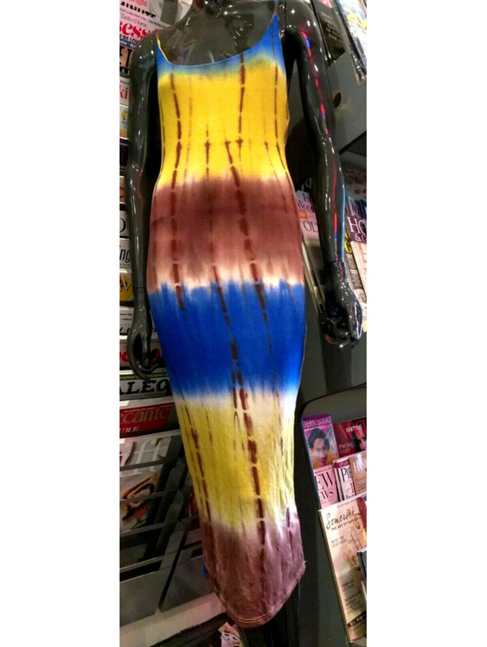 BLACK BEAD Tribal Backless DressStretch Urban TIE DYE PRINT Yellow RAYON SPANDEX
